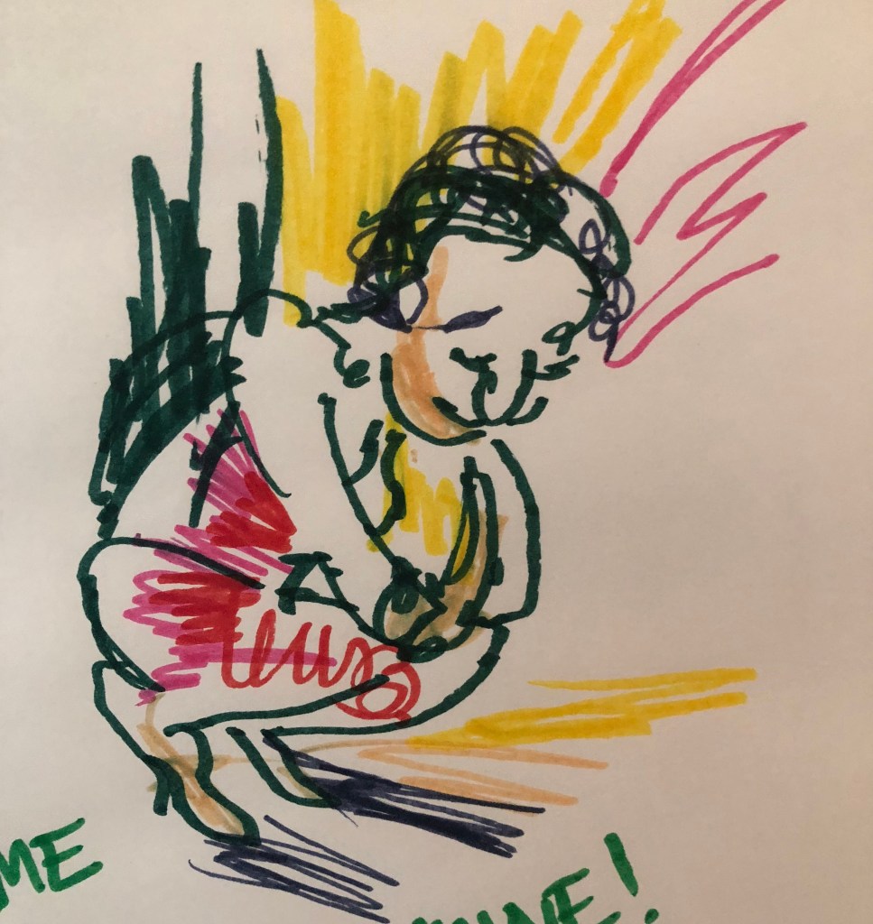 A drawing in markers of different colors of a figure crouching 