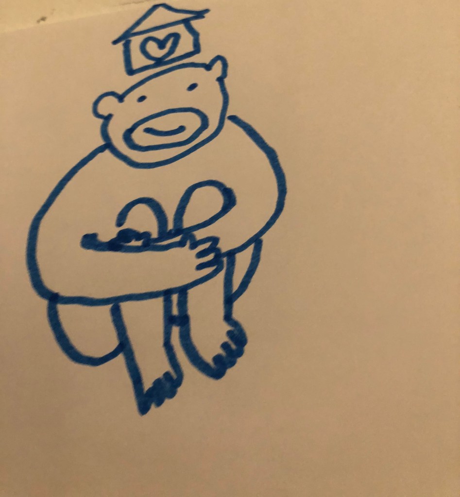A drawing in blue marker of maybe a bear hugging itself with a house on top of their head with a heart 